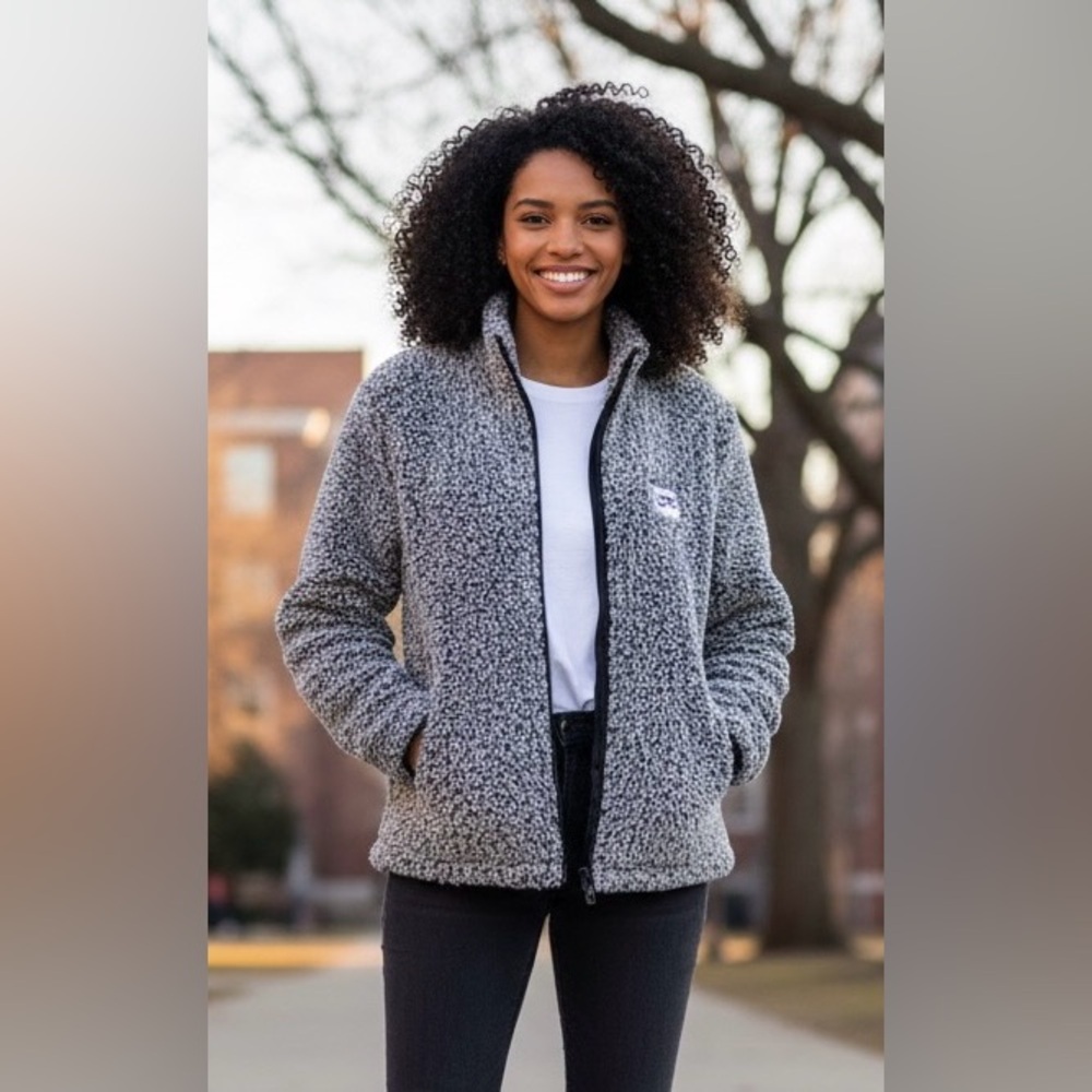 Port Authority Marled Sherpa Fleece Zip Up Jacket Salt And Pepper Gray Size Med